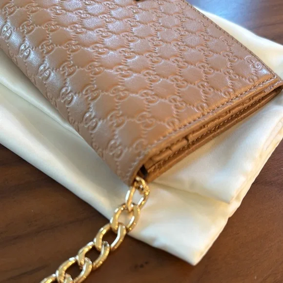 Gucci GG Leather Wallet with Gold Chain + Box & Dust Bag